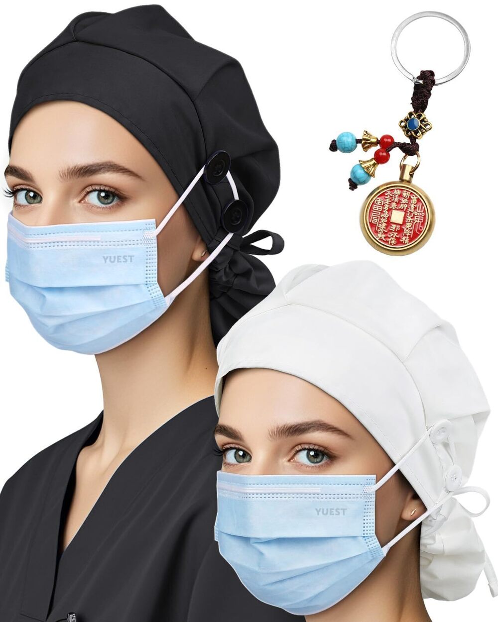 4945 2 Pack Classic Scrub Caps Ponytail, Satin Lined Surgical Caps